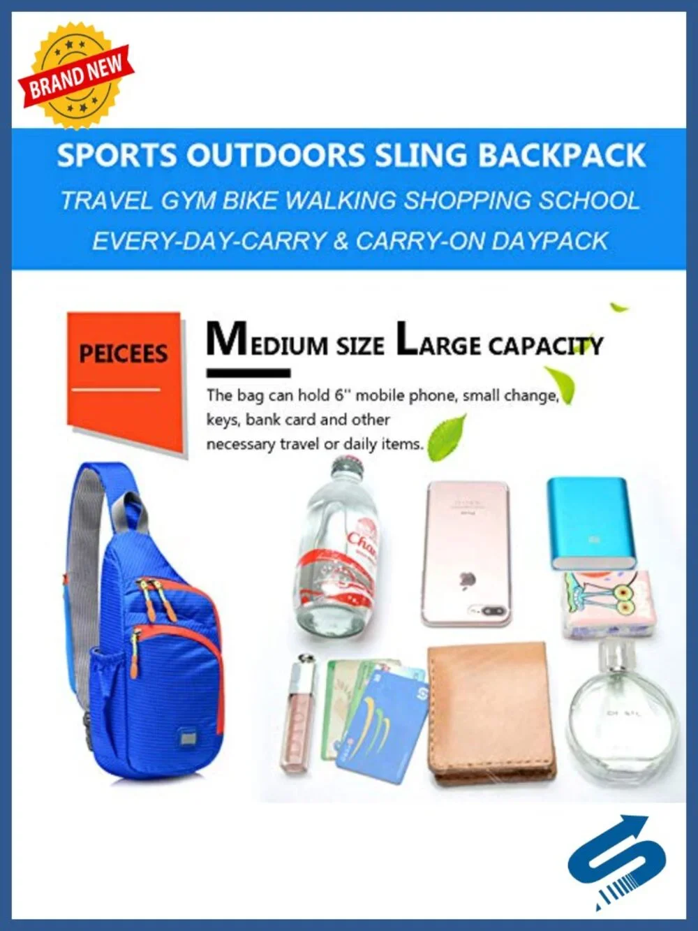 Waterproof Unisex Sling Backpack Nylon Crossbody Daypack with Bottle Holder